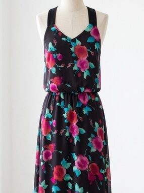 RW&CO.| Black Maxi Sleeveless Sheer Lined Dress w/Pink & Red Floral Print Sz XS